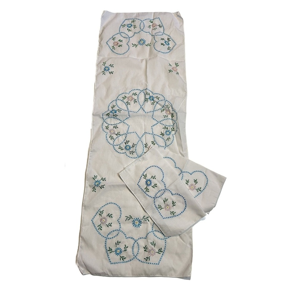 Finished "Hearts" Dresser Scarf-Table Runner. Stamped Cross Stitch & 2 Doilies